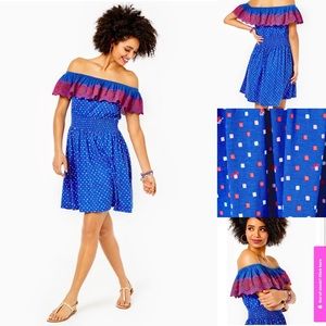 Lilly Pulitzer Kalama Off the Shoulder Borealis Blue Squared smocked dress NWT L
